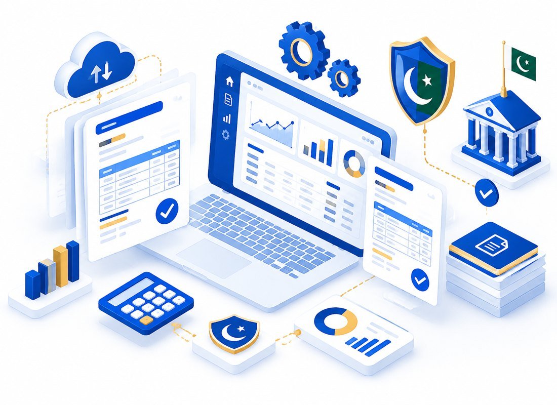 Illustration of FBR digital invoicing and ERP dashboards connected to a secure cloud